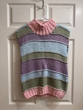 Sleeveless Striped Knit Sweater Vest in Pastel Pink, Blue, Green, and Lavender